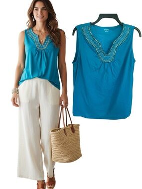 St. John's Bay Blue Beaded Embellished Neck Tank Top Size Large Cotton